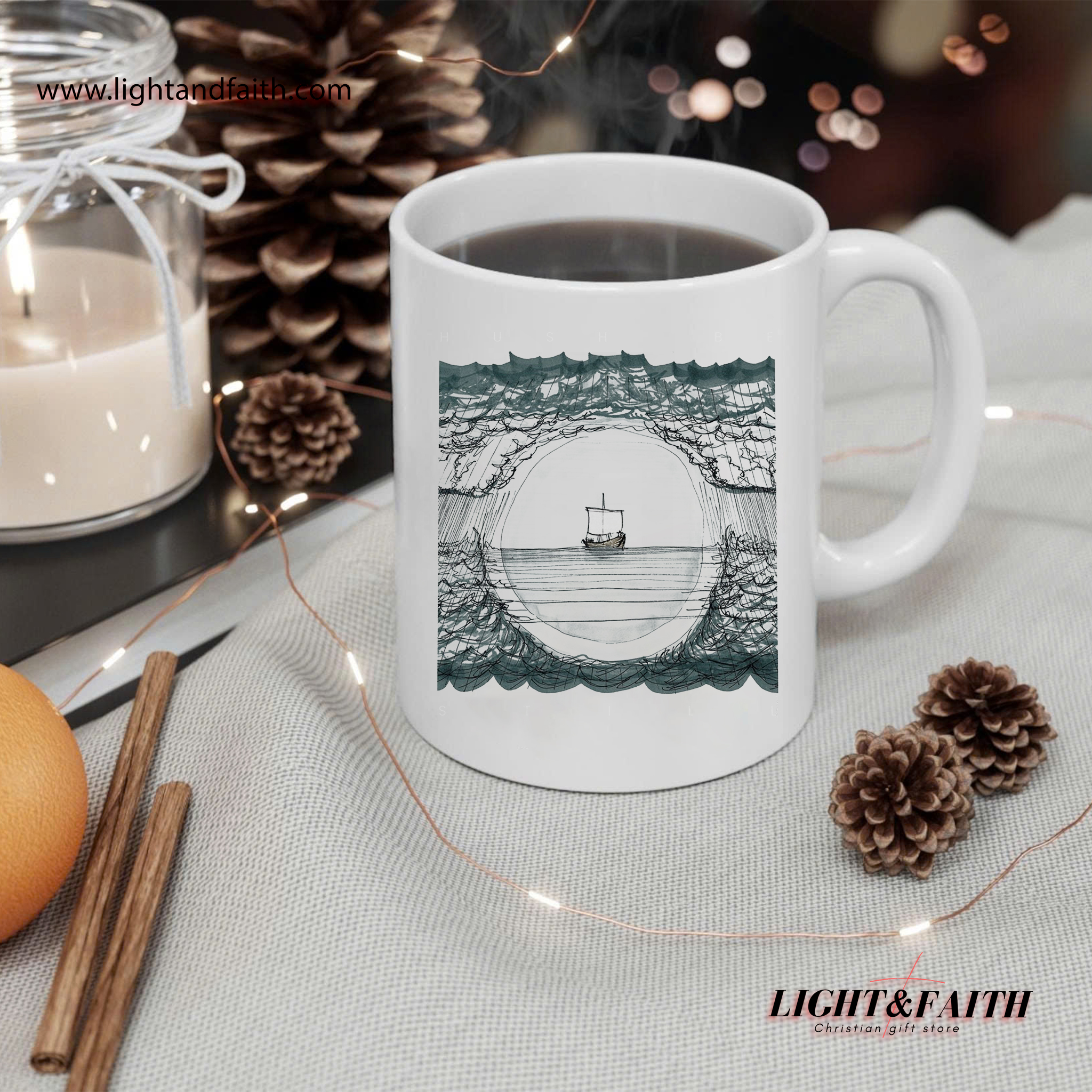 Peace Be Still Mug – Jesus Calms the Storm, Christian Boat Mug, Bible Story Inspired MULAF29